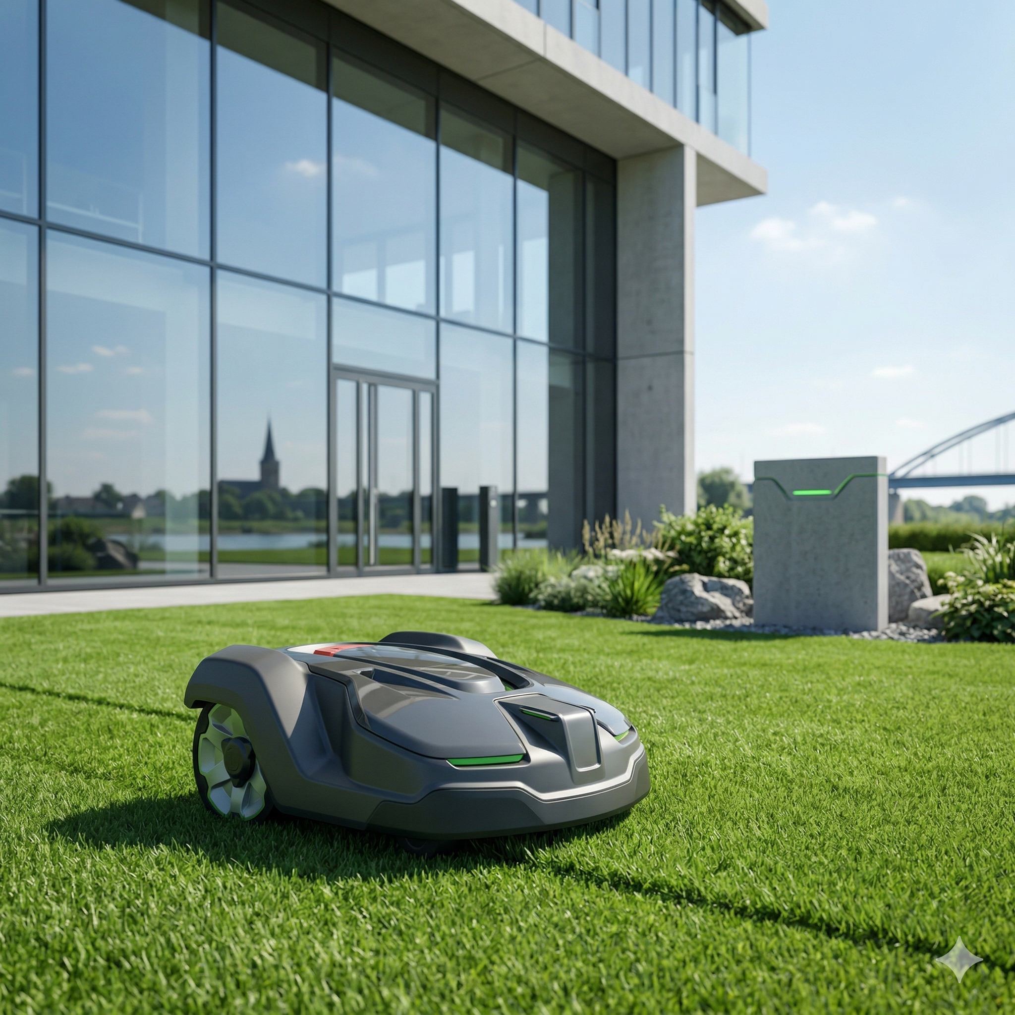 Professioneller Mähroboter in Anthrazit-Grün pflegt den Rasen einer gewerblichen Außenanlage in Rees – Becdra FM Smart Garden.