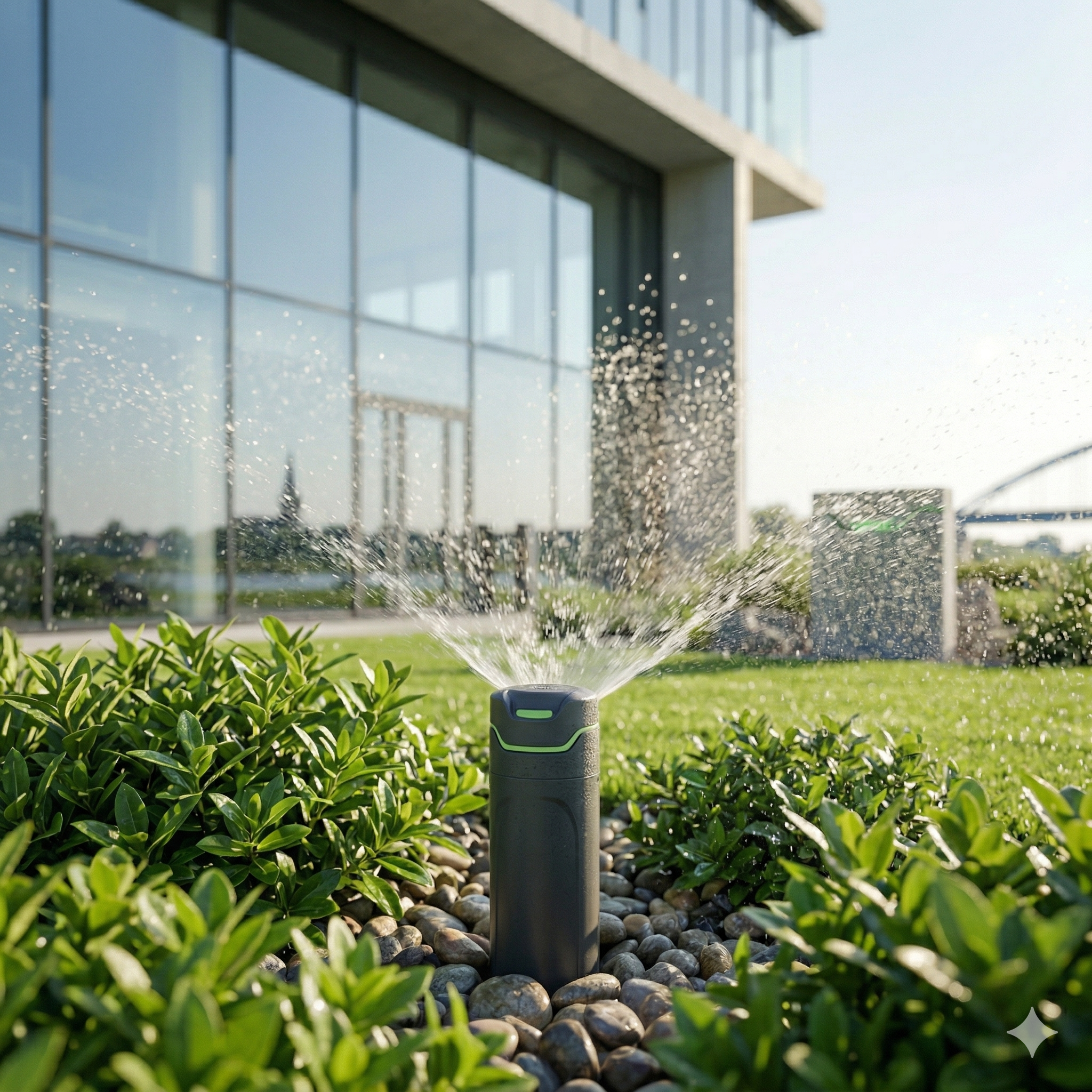 Sensorgesteuerte Unterflur-Bewässerung mit feinem Sprühnebel für effiziente Gartenpflege am Niederrhein, installiert von Becdra FM.