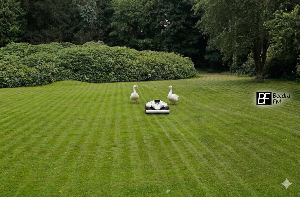 Ein Mähroboter bei der Arbeit auf einem perfekt gepflegten Rasen mit Gänsen im Hintergrund – Mähroboter-Service von Becdra FM.