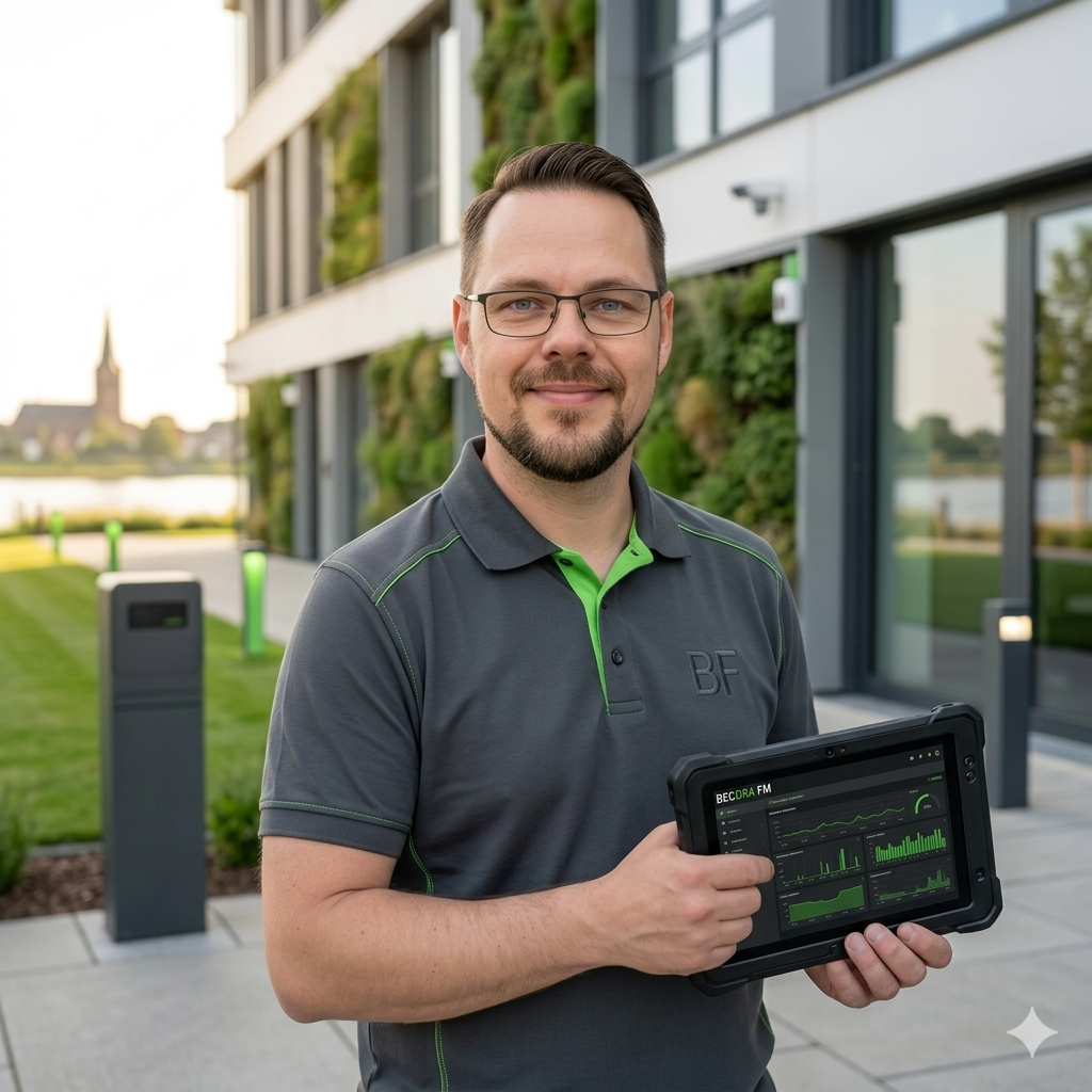 Inhaber Michael Beckers von Becdra FM mit Tablet bei der technischen Wartung einer smarten Außenanlage in Rees.